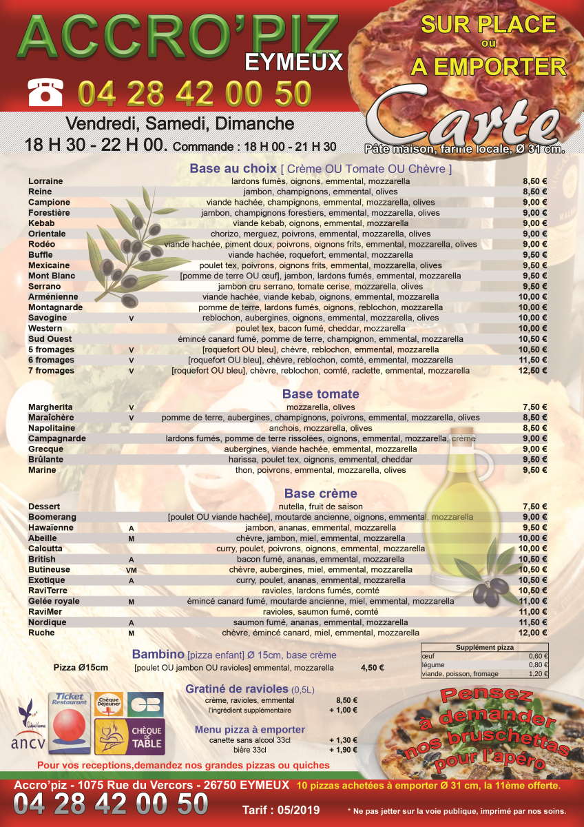 Carte des Pizzas Accro'Piz